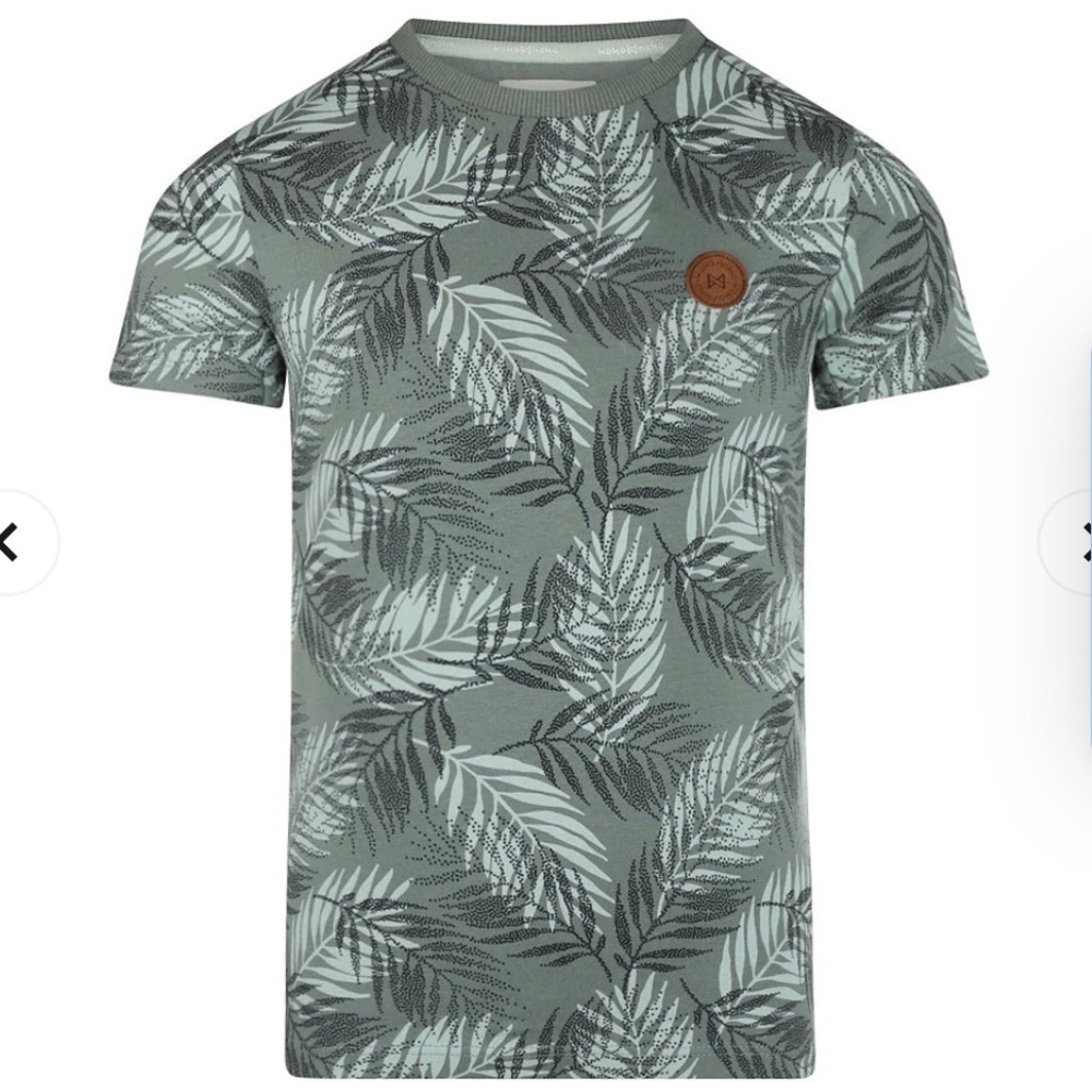 Koko Noko boys' dusty green t-shirt featuring a botanical leaf print - 3 Year